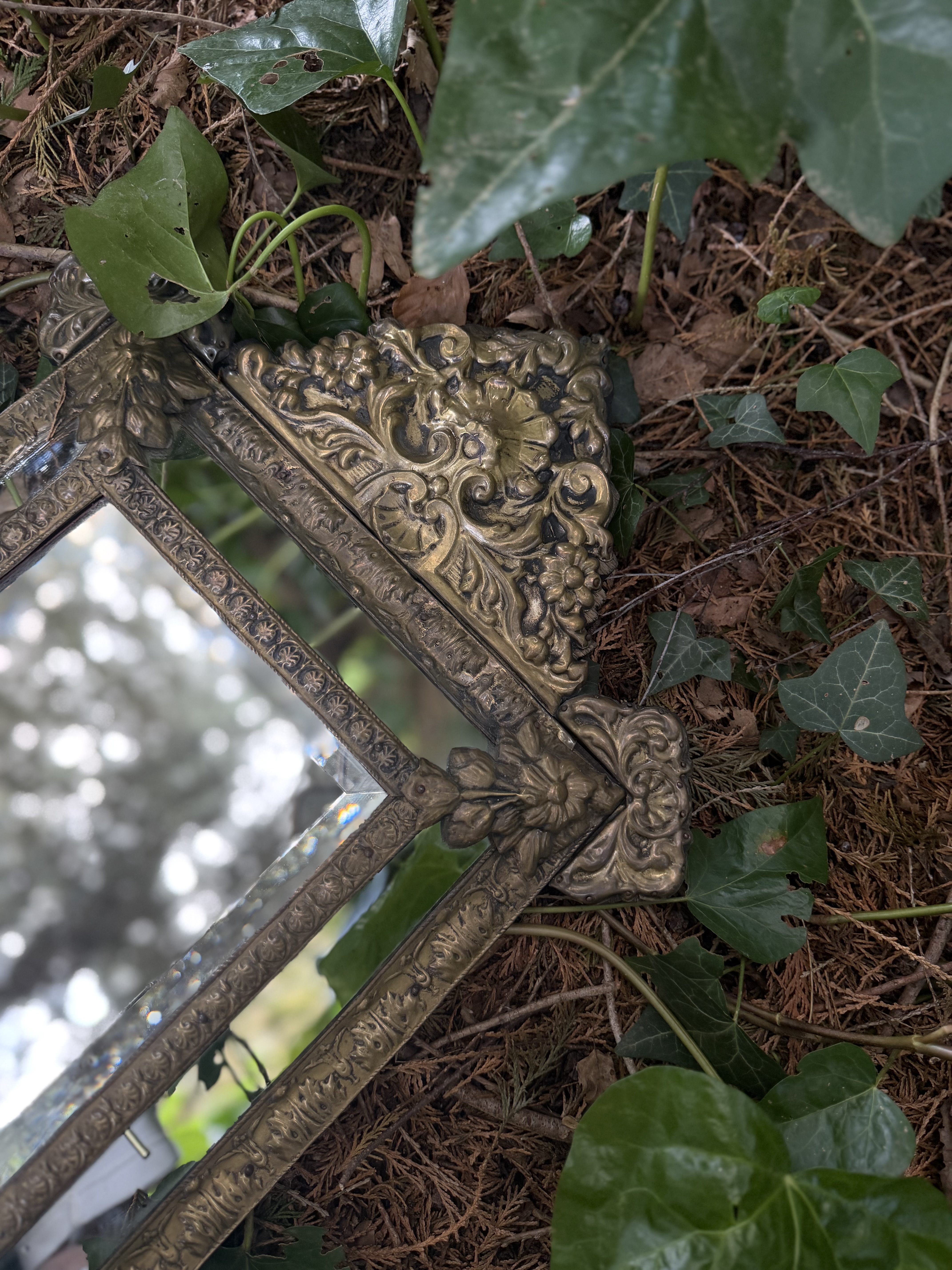 Close up of the high relief brass floral crest
