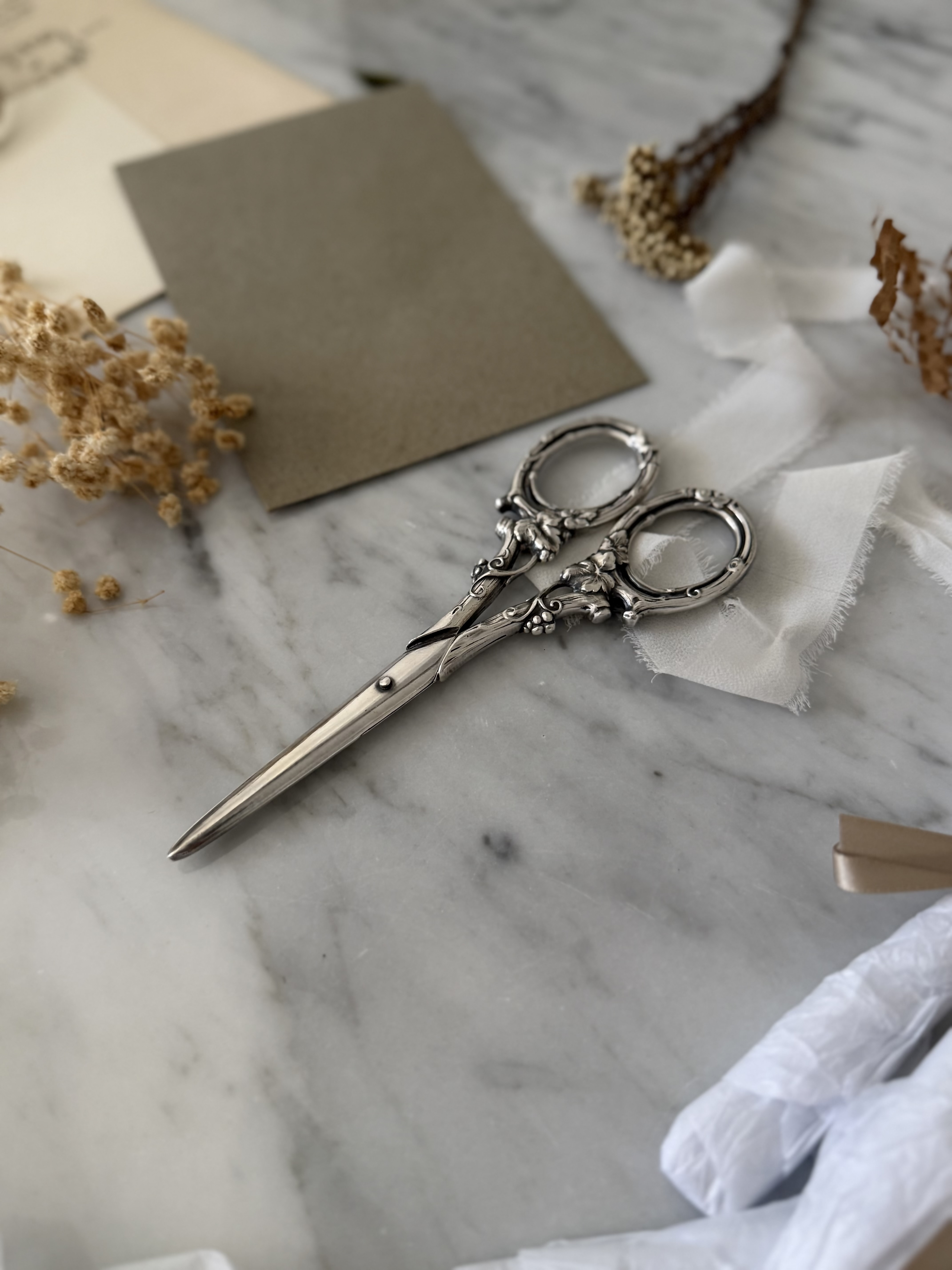 The ornate ivy scissors displayed open, highlighting the sharp steel blades