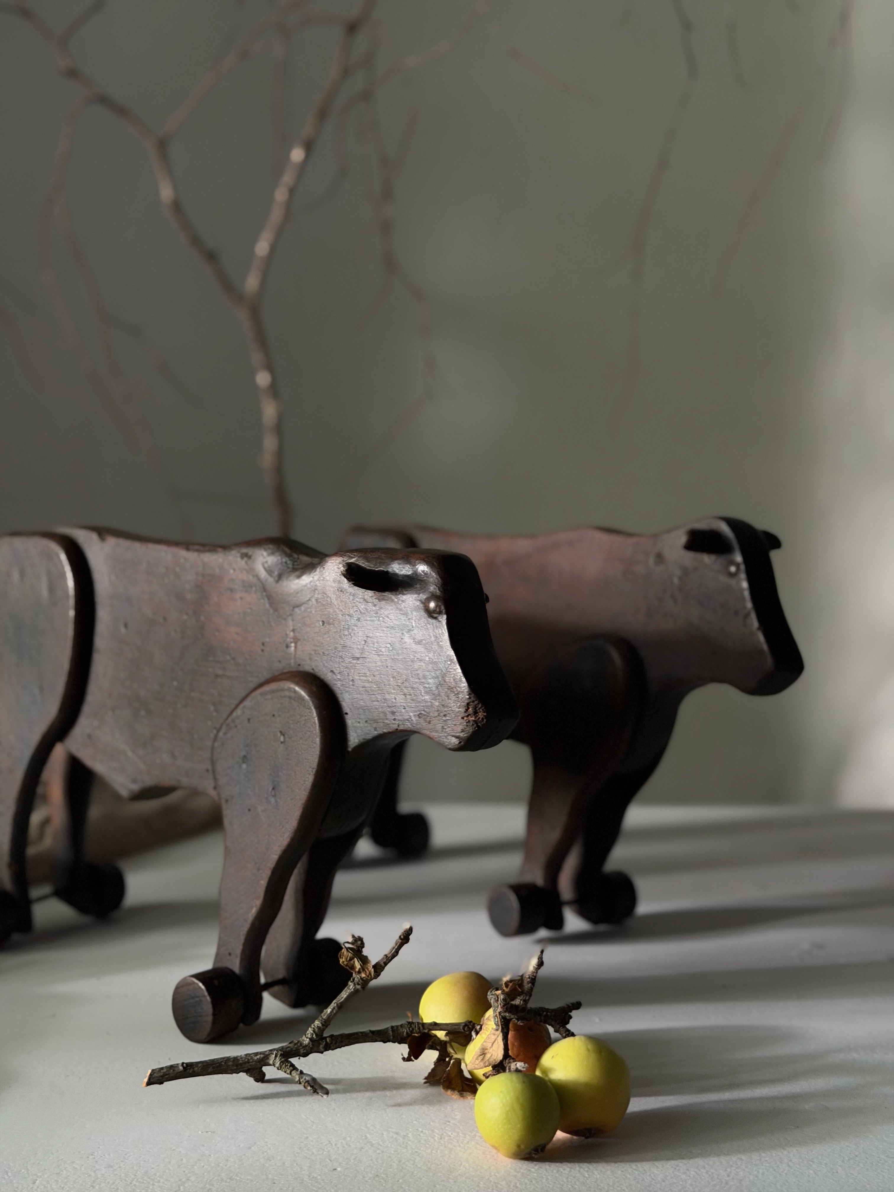 Pair of 19th-century hand-carved wooden toy oxen
